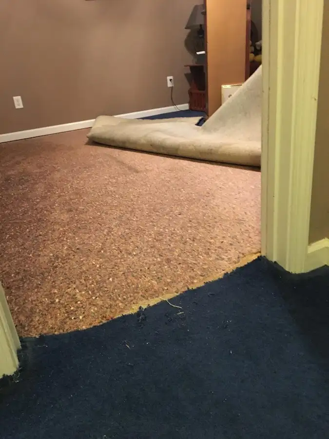 Carpet pad removal revealing water damage during Drying & Dehumidification in Opelika